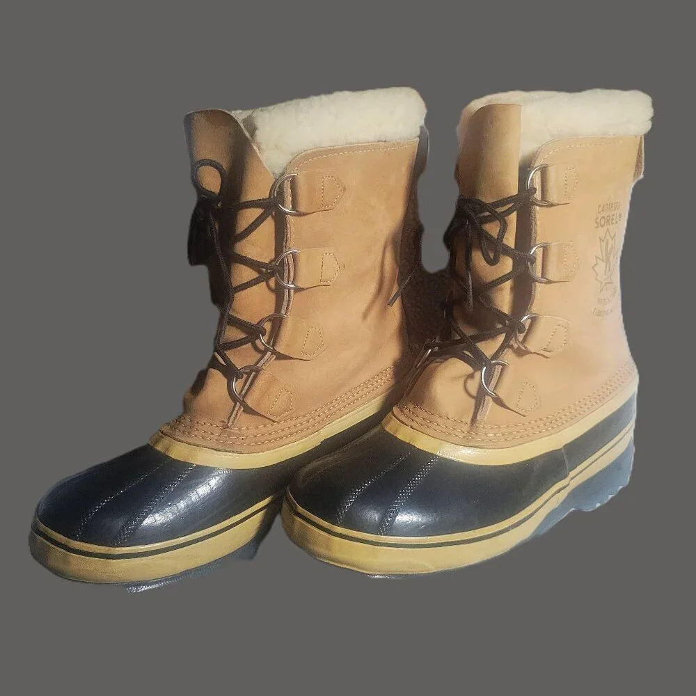 Sorel Men's Caribou Waterproof Boots Black/Tan Rubber & Leather Upper - M7/W8.5